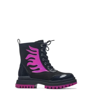 KOI footwear Lil’ Helios Purple Flame Boots Black Hot